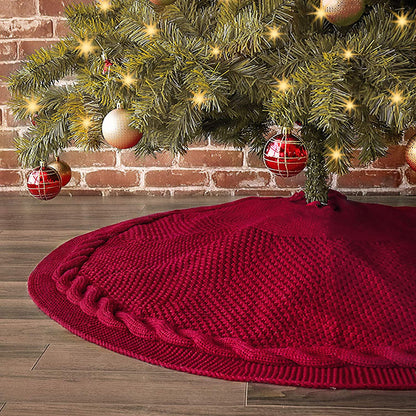Festive Knit Christmas Tree Skirt - Acrylic Red Tree Mat with Pom-Poms 122cm-Occasions > Christmas > Christmas Decorations-PEROZ Accessories