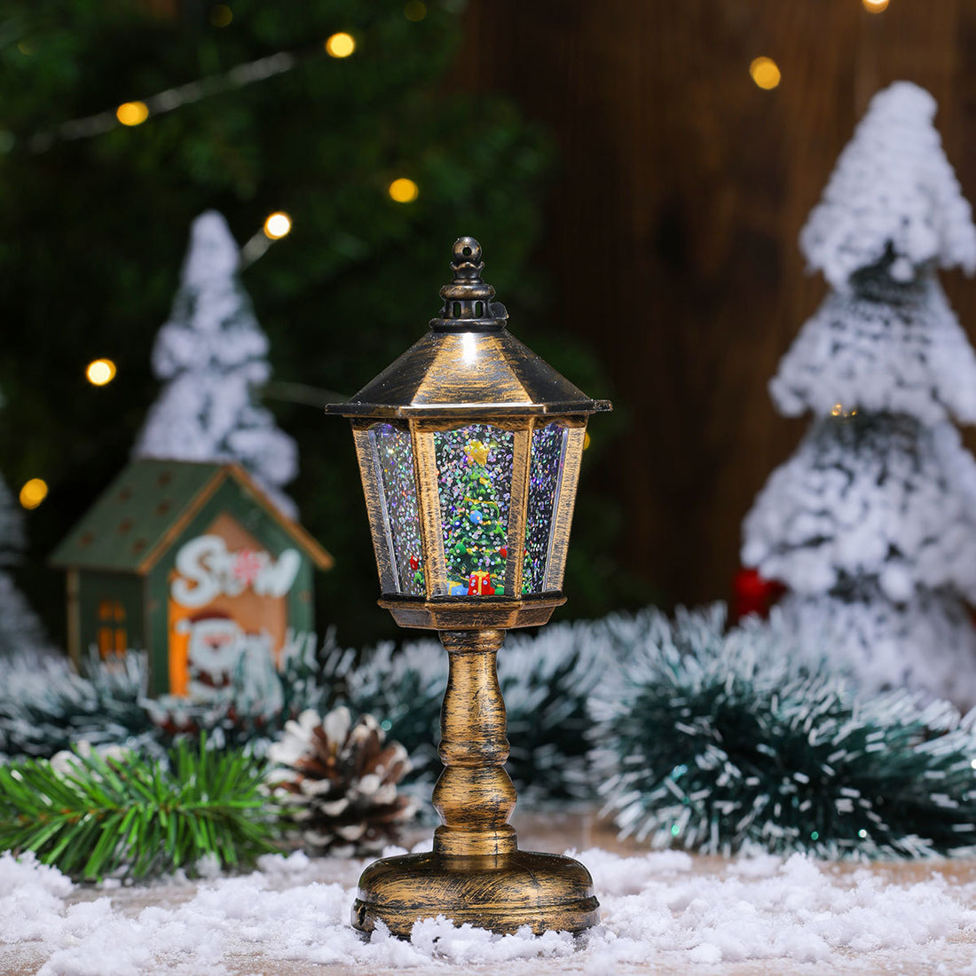 Festive LED Christmas Snow Globe Lantern - Glittering Tabletop Decoration with Santa/Snowman Scene, Dual Power(Bronze)-Occasions &gt; Christmas &gt; Christmas Decorations-PEROZ Accessories