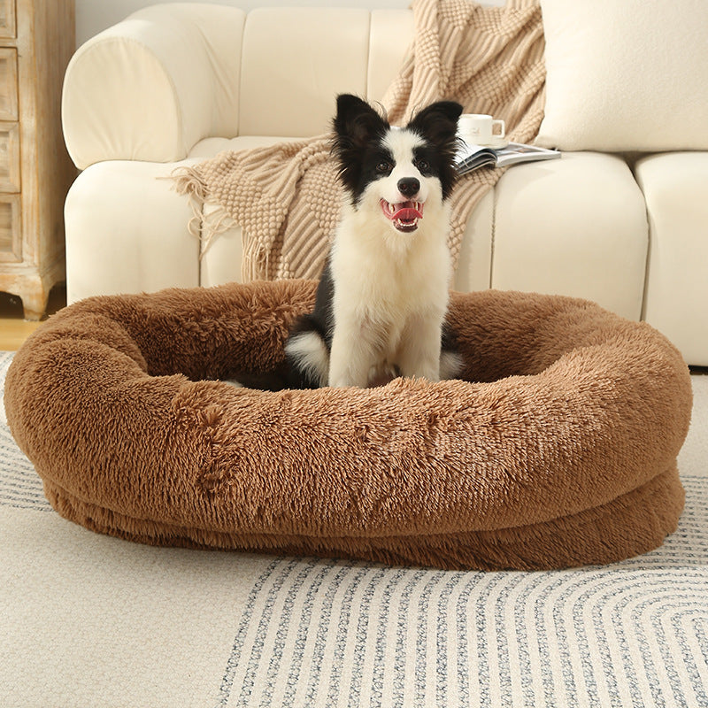 Fluffy Donut-Shaped Pet Bed- Soft, Cozy, and Anti-Anxiety for Dogs and Cats, Machine Washable khaki Size:L 90*65*20cm-Pet Care &gt; Dog Supplies &gt; Dog Beds-PEROZ Accessories