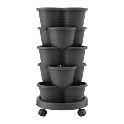 Green Fingers 5 Tier Vertical Garden Planter, Stackable Planters with 4 Wheels, Black, Raised Garden Bed, Garden Tower Indoor Outdoor, Auto Drainage System, for Strawberries, Herbs, Flower, Vegetables-Home &amp; Garden > Artificial Plants > Pots, Planters &amp; Accessories-PEROZ Accessories