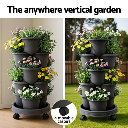 Green Fingers 5 Tier Vertical Garden Planter, Stackable Planters with 4 Wheels, Black, Raised Garden Bed, Garden Tower Indoor Outdoor, Auto Drainage System, for Strawberries, Herbs, Flower, Vegetables-Home &amp; Garden > Artificial Plants > Pots, Planters &amp; Accessories-PEROZ Accessories