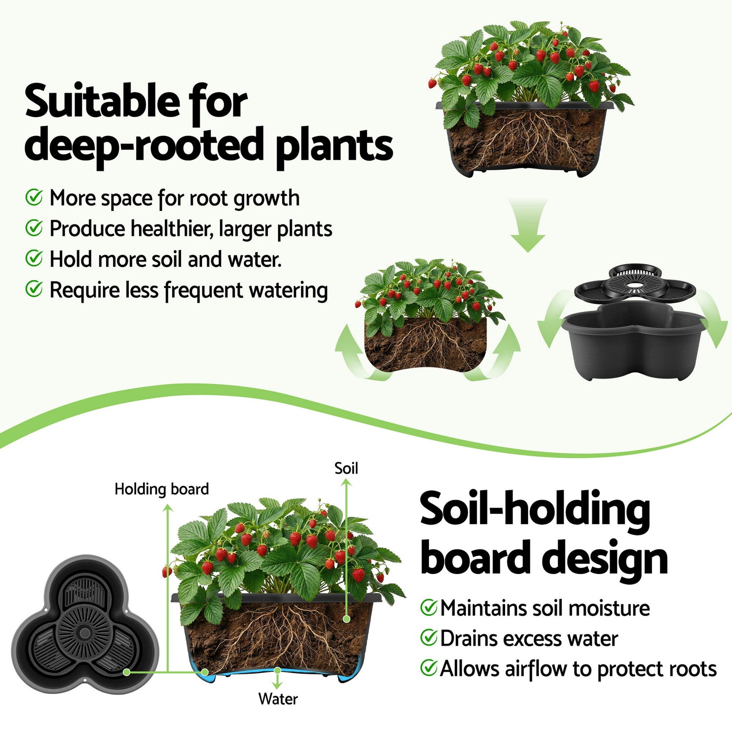 Green Fingers 5 Tier Vertical Garden Planter, Stackable Planters with 4 Wheels, Black, Raised Garden Bed, Garden Tower Indoor Outdoor, Auto Drainage System, for Strawberries, Herbs, Flower, Vegetables-Home &amp; Garden > Artificial Plants > Pots, Planters &amp; Accessories-PEROZ Accessories