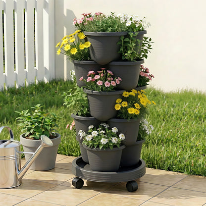 Green Fingers 5 Tier Vertical Garden Planter, Stackable Planters with 4 Wheels, Black, Raised Garden Bed, Garden Tower Indoor Outdoor, Auto Drainage System, for Strawberries, Herbs, Flower, Vegetables-Home &amp; Garden > Artificial Plants > Pots, Planters &amp; Accessories-PEROZ Accessories
