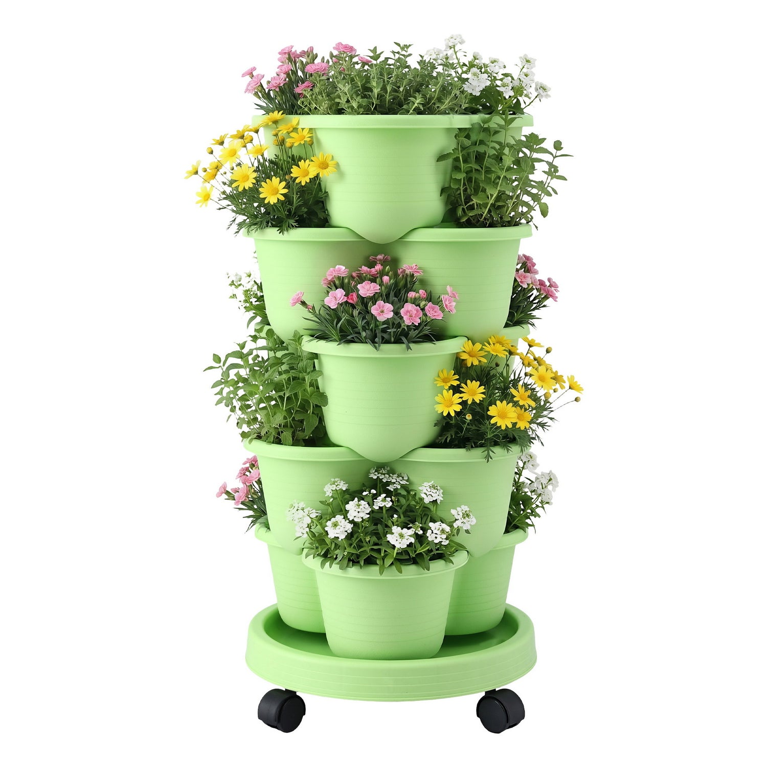 Green Fingers 5 Tier Vertical Garden Planter, Stackable Planters with Wheels, Light Green, Garden Bed, Garden Tower Indoor Outdoor, Auto Drainage System, for Strawberries, Herbs, Flowers, Vegetables-Home &amp; Garden > Artificial Plants > Pots, Planters &amp; Accessories-PEROZ Accessories