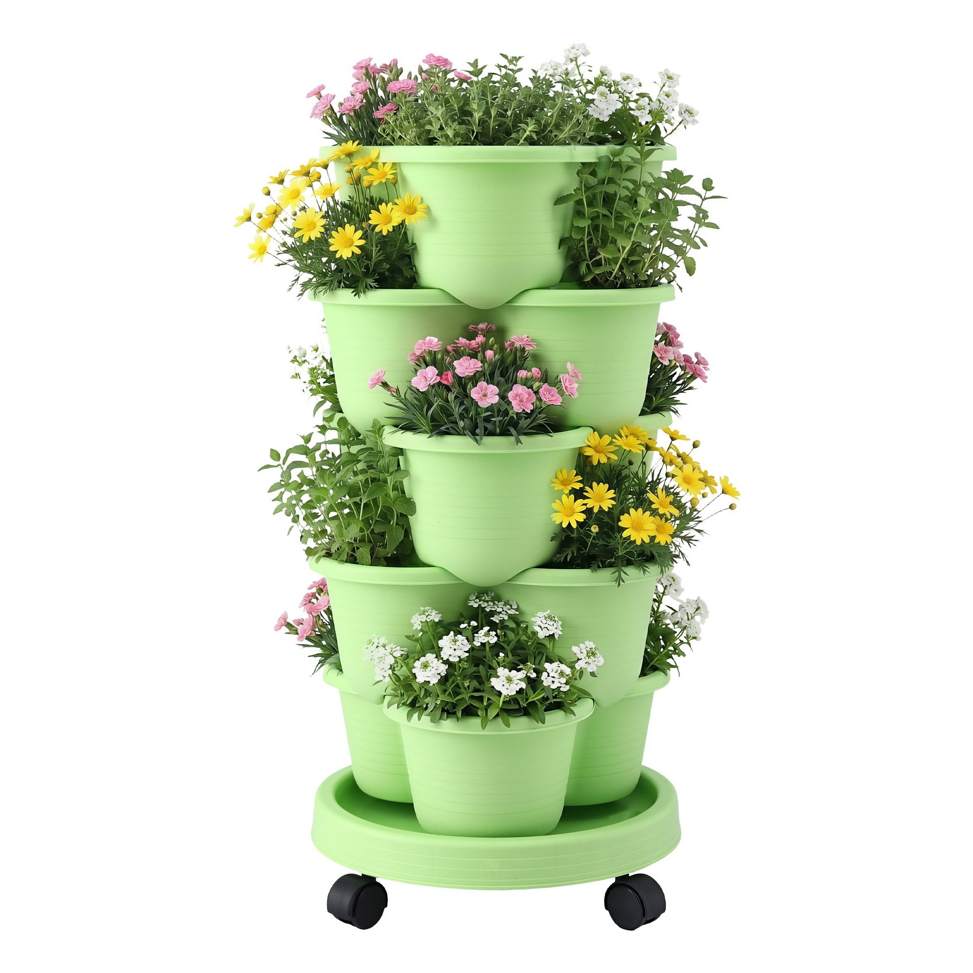 Green Fingers 5 Tier Vertical Garden Planter, Stackable Planters with Wheels, Light Green, Garden Bed, Garden Tower Indoor Outdoor, Auto Drainage System, for Strawberries, Herbs, Flowers, Vegetables-Home &amp; Garden > Artificial Plants > Pots, Planters &amp; Accessories-PEROZ Accessories