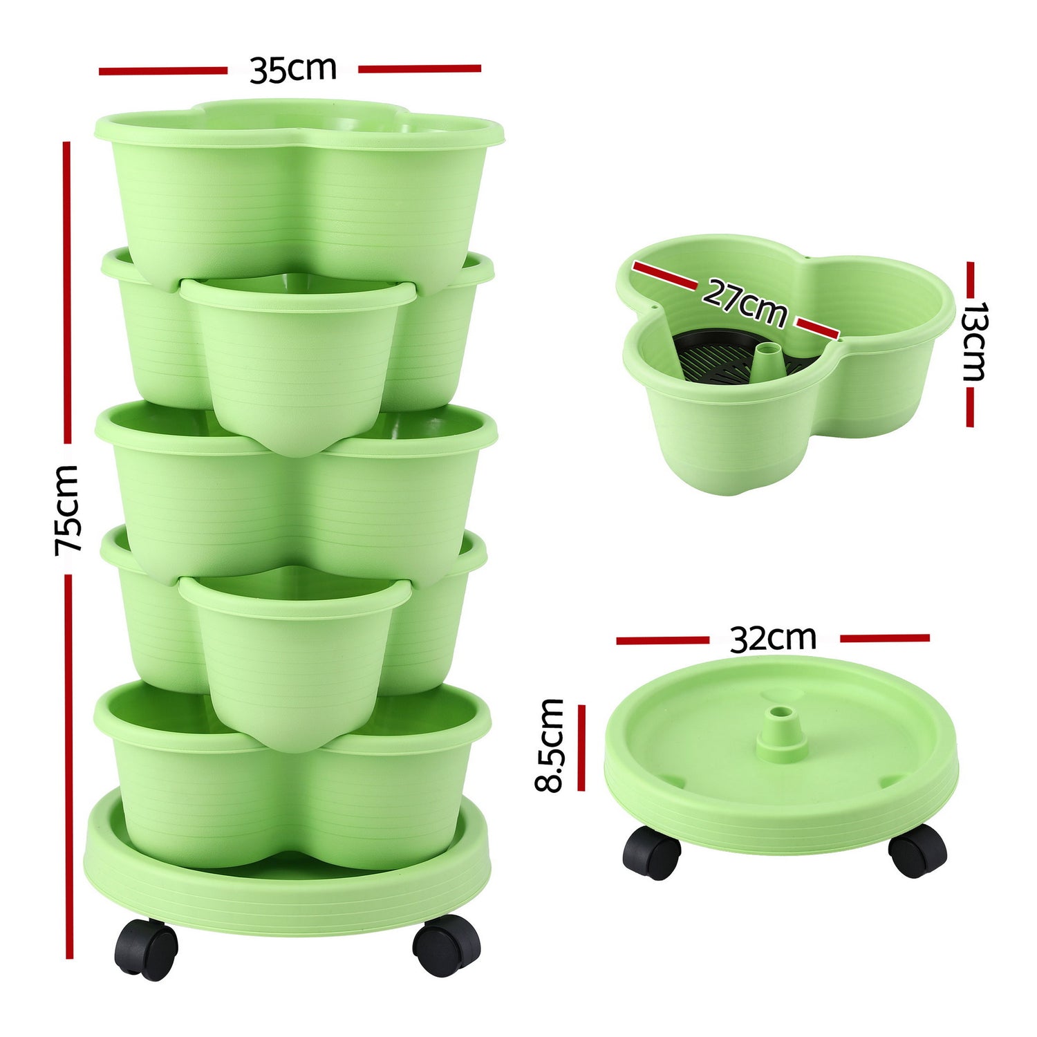 Green Fingers 5 Tier Vertical Garden Planter, Stackable Planters with Wheels, Light Green, Garden Bed, Garden Tower Indoor Outdoor, Auto Drainage System, for Strawberries, Herbs, Flowers, Vegetables-Home &amp; Garden > Artificial Plants > Pots, Planters &amp; Accessories-PEROZ Accessories