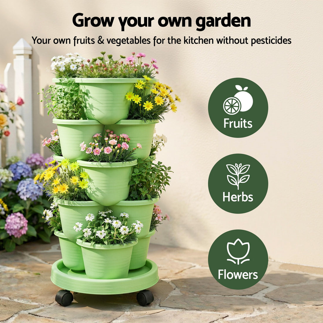 Green Fingers 5 Tier Vertical Garden Planter, Stackable Planters with Wheels, Light Green, Garden Bed, Garden Tower Indoor Outdoor, Auto Drainage System, for Strawberries, Herbs, Flowers, Vegetables-Home &amp; Garden > Artificial Plants > Pots, Planters &amp; Accessories-PEROZ Accessories