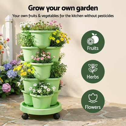 Green Fingers 5 Tier Vertical Garden Planter, Stackable Planters with Wheels, Light Green, Garden Bed, Garden Tower Indoor Outdoor, Auto Drainage System, for Strawberries, Herbs, Flowers, Vegetables-Home &amp; Garden > Artificial Plants > Pots, Planters &amp; Accessories-PEROZ Accessories