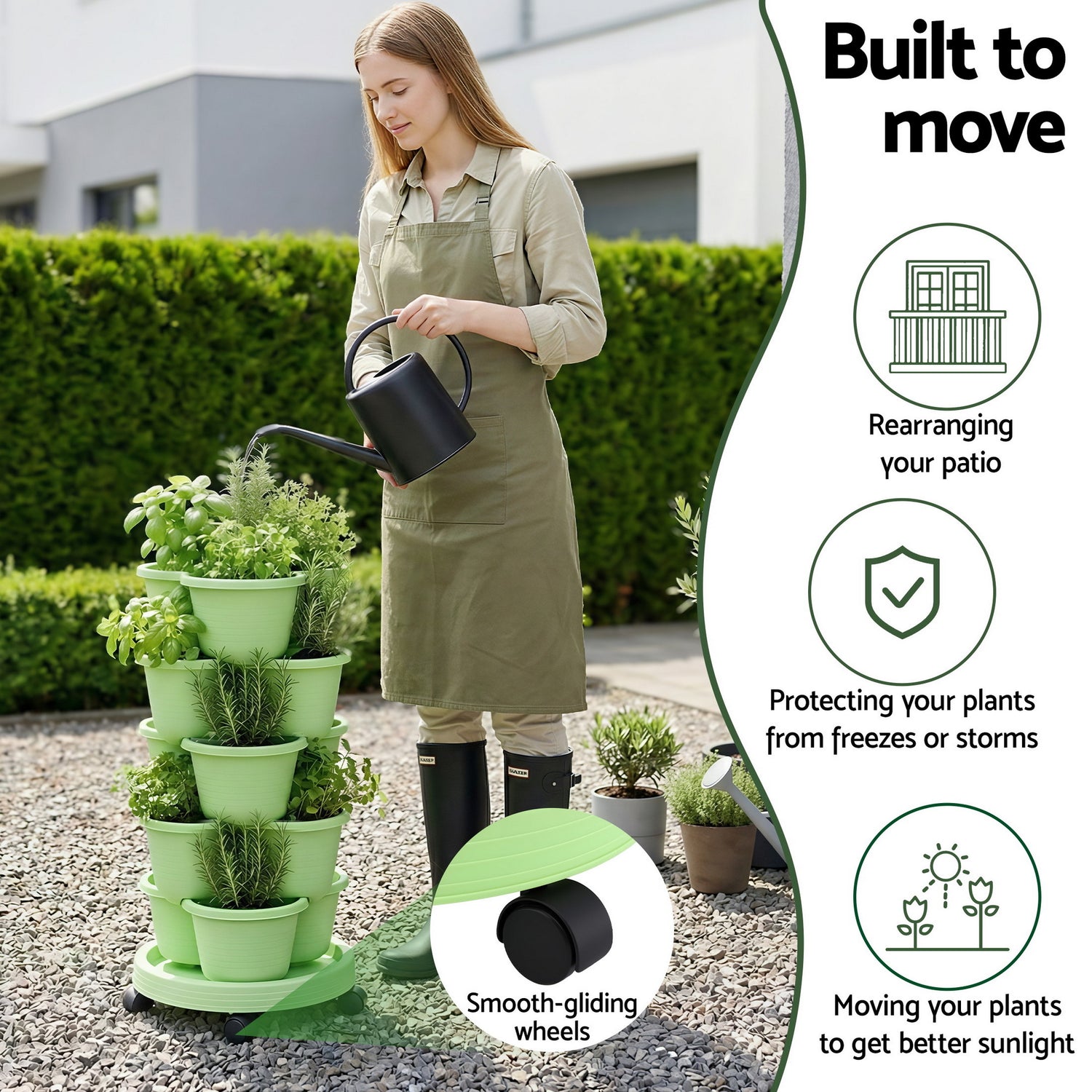 Green Fingers 5 Tier Vertical Garden Planter, Stackable Planters with Wheels, Light Green, Garden Bed, Garden Tower Indoor Outdoor, Auto Drainage System, for Strawberries, Herbs, Flowers, Vegetables-Home &amp; Garden > Artificial Plants > Pots, Planters &amp; Accessories-PEROZ Accessories
