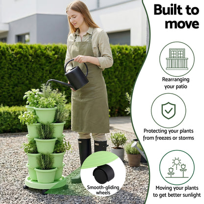 Green Fingers 5 Tier Vertical Garden Planter, Stackable Planters with Wheels, Light Green, Garden Bed, Garden Tower Indoor Outdoor, Auto Drainage System, for Strawberries, Herbs, Flowers, Vegetables-Home &amp; Garden > Artificial Plants > Pots, Planters &amp; Accessories-PEROZ Accessories
