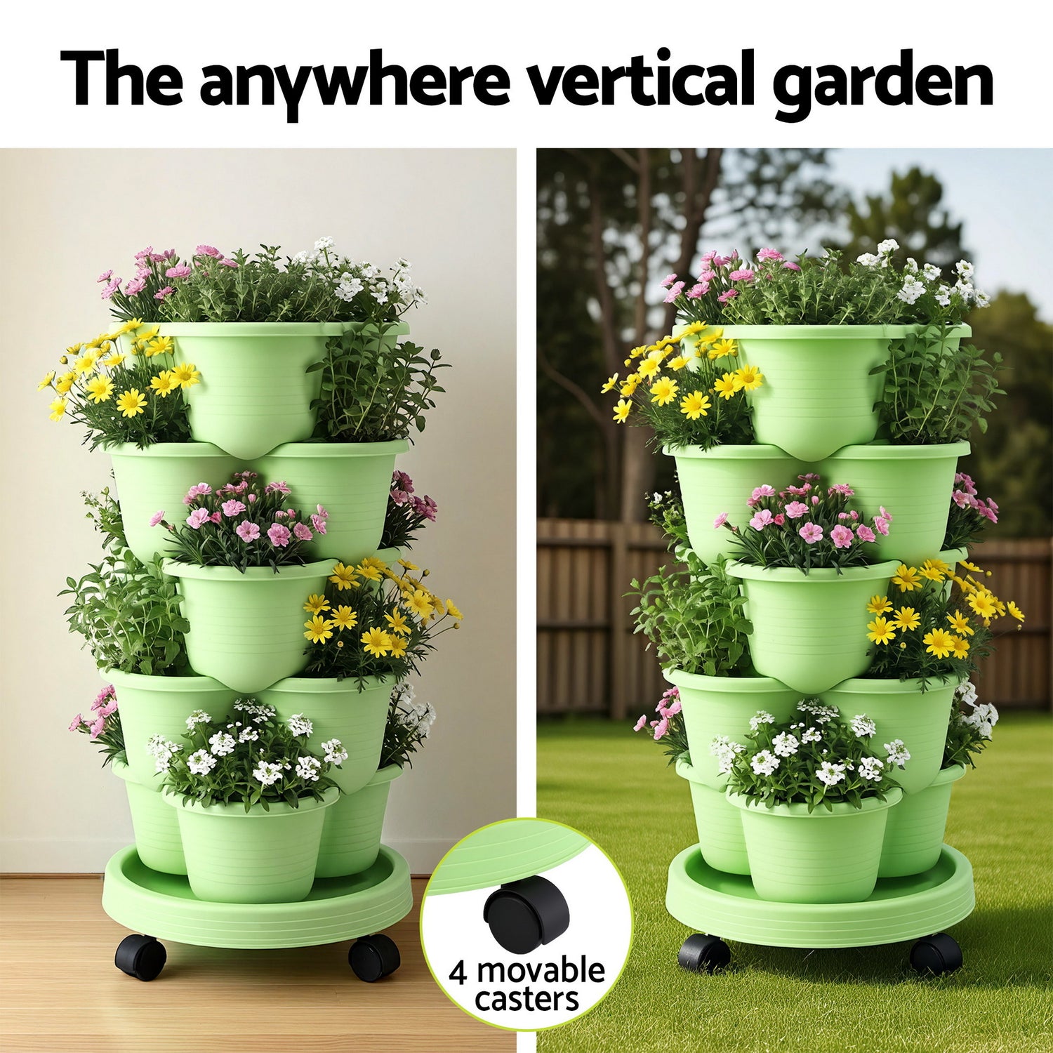 Green Fingers 5 Tier Vertical Garden Planter, Stackable Planters with Wheels, Light Green, Garden Bed, Garden Tower Indoor Outdoor, Auto Drainage System, for Strawberries, Herbs, Flowers, Vegetables-Home &amp; Garden > Artificial Plants > Pots, Planters &amp; Accessories-PEROZ Accessories