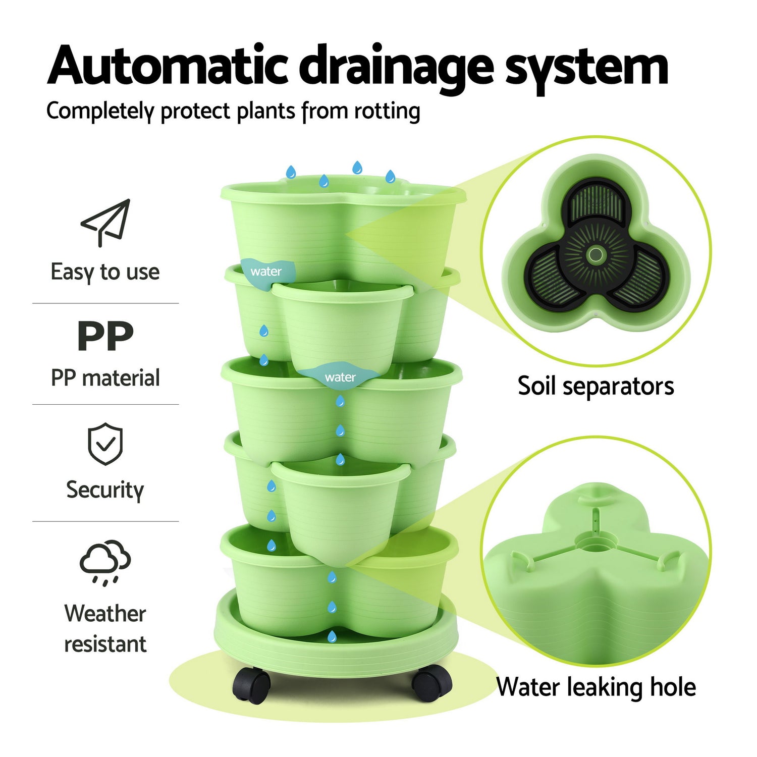 Green Fingers 5 Tier Vertical Garden Planter, Stackable Planters with Wheels, Light Green, Garden Bed, Garden Tower Indoor Outdoor, Auto Drainage System, for Strawberries, Herbs, Flowers, Vegetables-Home &amp; Garden > Artificial Plants > Pots, Planters &amp; Accessories-PEROZ Accessories