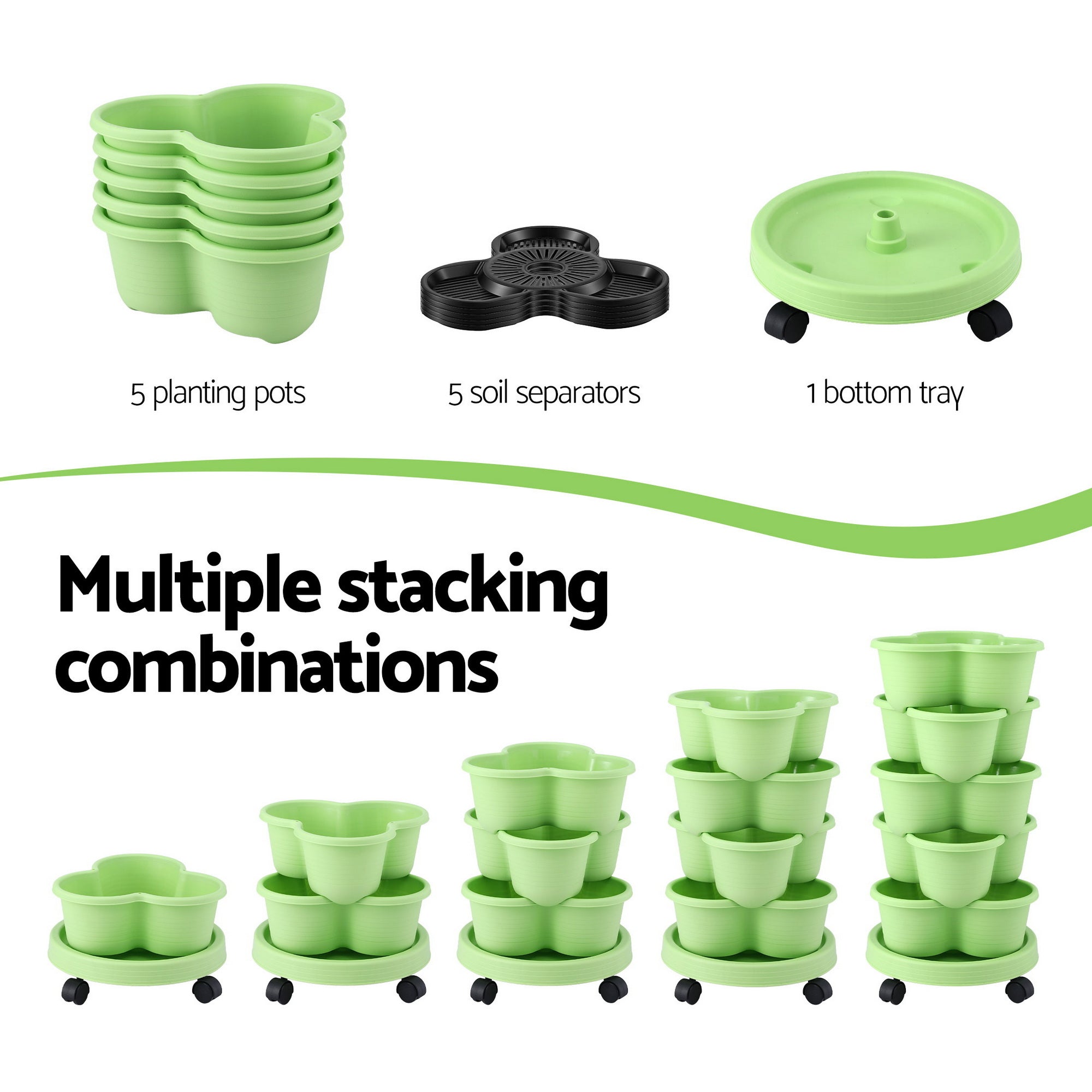 Green Fingers 5 Tier Vertical Garden Planter, Stackable Planters with Wheels, Light Green, Garden Bed, Garden Tower Indoor Outdoor, Auto Drainage System, for Strawberries, Herbs, Flowers, Vegetables-Home &amp; Garden > Artificial Plants > Pots, Planters &amp; Accessories-PEROZ Accessories