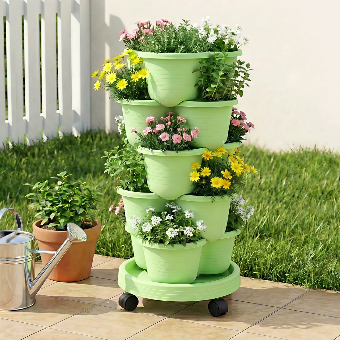 Green Fingers 5 Tier Vertical Garden Planter, Stackable Planters with Wheels, Light Green, Garden Bed, Garden Tower Indoor Outdoor, Auto Drainage System, for Strawberries, Herbs, Flowers, Vegetables-Home &amp; Garden > Artificial Plants > Pots, Planters &amp; Accessories-PEROZ Accessories