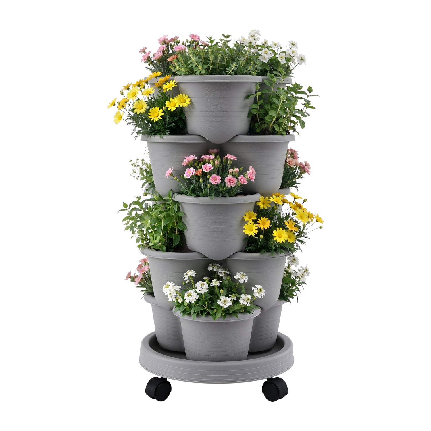 Green Fingers 5 Tier Vertical Garden Planter, Stackable Planters with 4 Wheels, Grey, Raised Garden Bed, Garden Tower Indoor Outdoor, Auto Drainage System, for Strawberries, Herbs, Flower, Vegetables-Home &amp; Garden > Artificial Plants > Pots, Planters &amp; Accessories-PEROZ Accessories