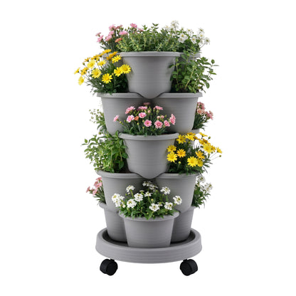 Green Fingers 5 Tier Vertical Garden Planter, Stackable Planters with 4 Wheels, Grey, Raised Garden Bed, Garden Tower Indoor Outdoor, Auto Drainage System, for Strawberries, Herbs, Flower, Vegetables-Home &amp; Garden > Artificial Plants > Pots, Planters &amp; Accessories-PEROZ Accessories