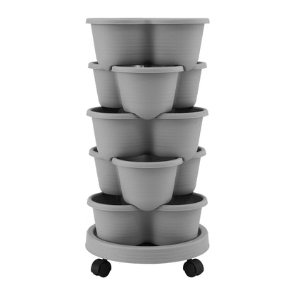 Green Fingers 5 Tier Vertical Garden Planter, Stackable Planters with 4 Wheels, Grey, Raised Garden Bed, Garden Tower Indoor Outdoor, Auto Drainage System, for Strawberries, Herbs, Flower, Vegetables-Home &amp; Garden > Artificial Plants > Pots, Planters &amp; Accessories-PEROZ Accessories