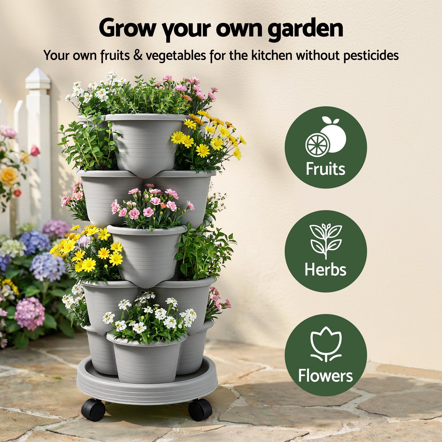 Green Fingers 5 Tier Vertical Garden Planter, Stackable Planters with 4 Wheels, Grey, Raised Garden Bed, Garden Tower Indoor Outdoor, Auto Drainage System, for Strawberries, Herbs, Flower, Vegetables-Home &amp; Garden > Artificial Plants > Pots, Planters &amp; Accessories-PEROZ Accessories