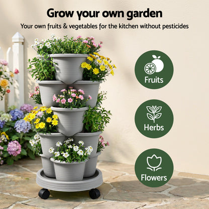 Green Fingers 5 Tier Vertical Garden Planter, Stackable Planters with 4 Wheels, Grey, Raised Garden Bed, Garden Tower Indoor Outdoor, Auto Drainage System, for Strawberries, Herbs, Flower, Vegetables-Home &amp; Garden > Artificial Plants > Pots, Planters &amp; Accessories-PEROZ Accessories
