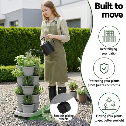 Green Fingers 5 Tier Vertical Garden Planter, Stackable Planters with 4 Wheels, Grey, Raised Garden Bed, Garden Tower Indoor Outdoor, Auto Drainage System, for Strawberries, Herbs, Flower, Vegetables-Home &amp; Garden > Artificial Plants > Pots, Planters &amp; Accessories-PEROZ Accessories
