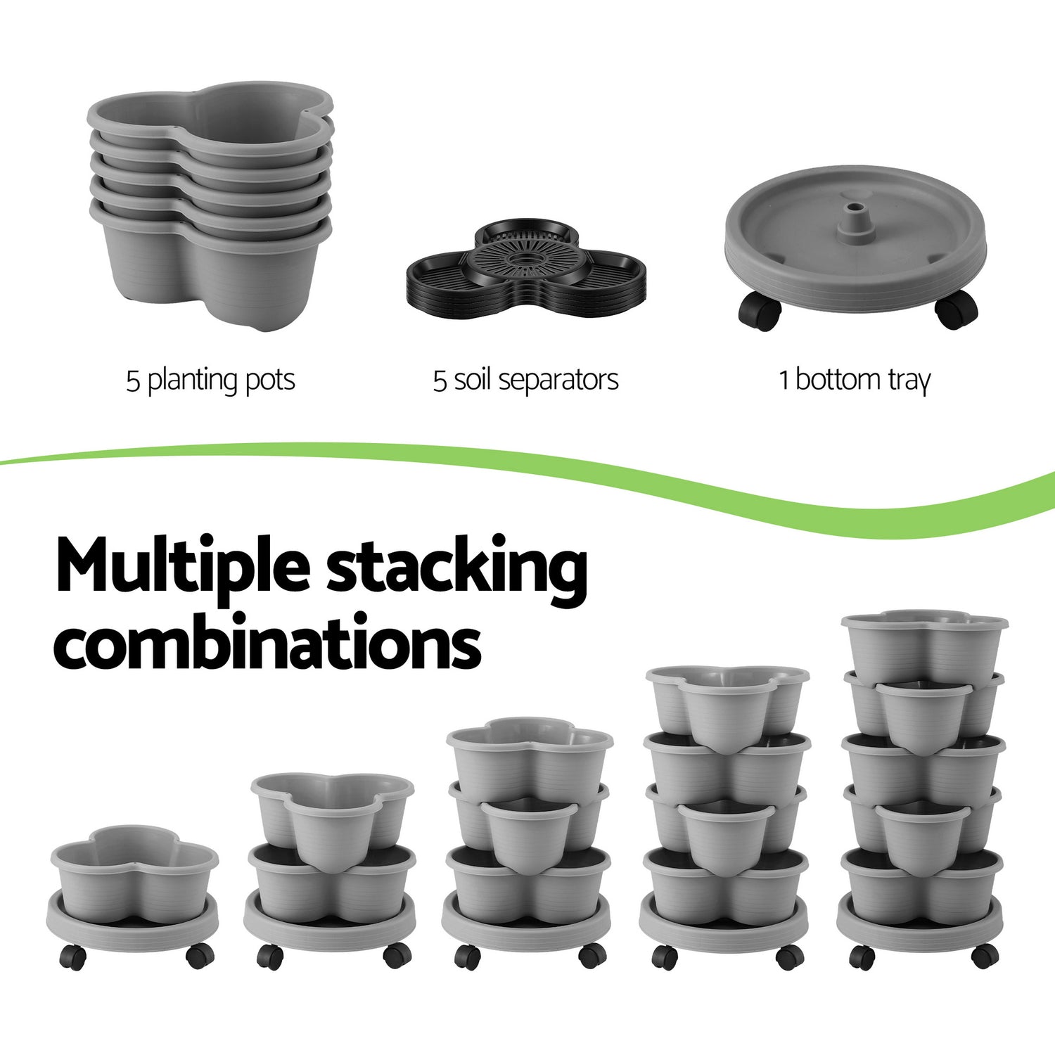 Green Fingers 5 Tier Vertical Garden Planter, Stackable Planters with 4 Wheels, Grey, Raised Garden Bed, Garden Tower Indoor Outdoor, Auto Drainage System, for Strawberries, Herbs, Flower, Vegetables-Home &amp; Garden > Artificial Plants > Pots, Planters &amp; Accessories-PEROZ Accessories
