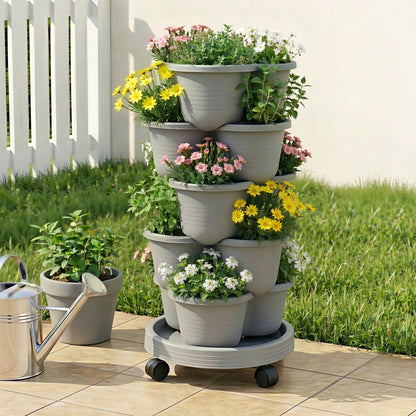 Green Fingers 5 Tier Vertical Garden Planter, Stackable Planters with 4 Wheels, Grey, Raised Garden Bed, Garden Tower Indoor Outdoor, Auto Drainage System, for Strawberries, Herbs, Flower, Vegetables-Home &amp; Garden > Artificial Plants > Pots, Planters &amp; Accessories-PEROZ Accessories