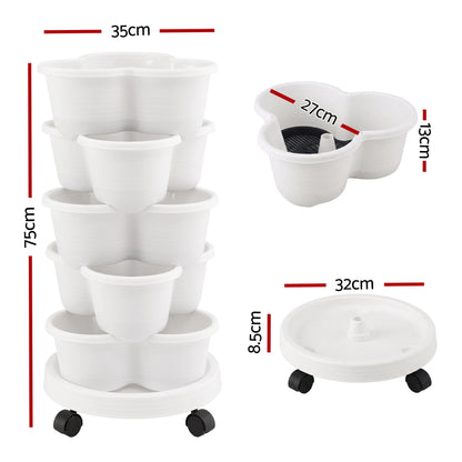 Green Fingers 5 Tier Vertical Garden Planter, Stackable Planters with Wheels, White, Garden Bed, Garden Tower Indoor Outdoor, Auto Drainage System, for Strawberries, Herbs, Flowers, Vegetables-Home &amp; Garden > Artificial Plants > Pots, Planters &amp; Accessories-PEROZ Accessories