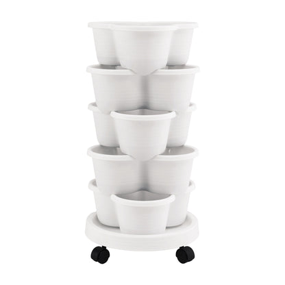 Green Fingers 5 Tier Vertical Garden Planter, Stackable Planters with Wheels, White, Garden Bed, Garden Tower Indoor Outdoor, Auto Drainage System, for Strawberries, Herbs, Flowers, Vegetables-Home &amp; Garden > Artificial Plants > Pots, Planters &amp; Accessories-PEROZ Accessories