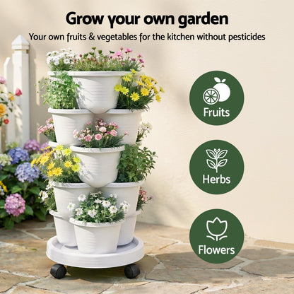 Green Fingers 5 Tier Vertical Garden Planter, Stackable Planters with Wheels, White, Garden Bed, Garden Tower Indoor Outdoor, Auto Drainage System, for Strawberries, Herbs, Flowers, Vegetables-Home &amp; Garden > Artificial Plants > Pots, Planters &amp; Accessories-PEROZ Accessories