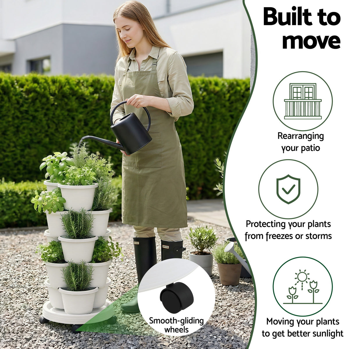 Green Fingers 5 Tier Vertical Garden Planter, Stackable Planters with Wheels, White, Garden Bed, Garden Tower Indoor Outdoor, Auto Drainage System, for Strawberries, Herbs, Flowers, Vegetables-Home &amp; Garden > Artificial Plants > Pots, Planters &amp; Accessories-PEROZ Accessories