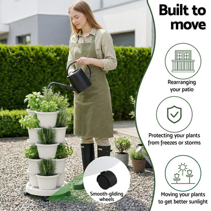 Green Fingers 5 Tier Vertical Garden Planter, Stackable Planters with Wheels, White, Garden Bed, Garden Tower Indoor Outdoor, Auto Drainage System, for Strawberries, Herbs, Flowers, Vegetables-Home &amp; Garden > Artificial Plants > Pots, Planters &amp; Accessories-PEROZ Accessories
