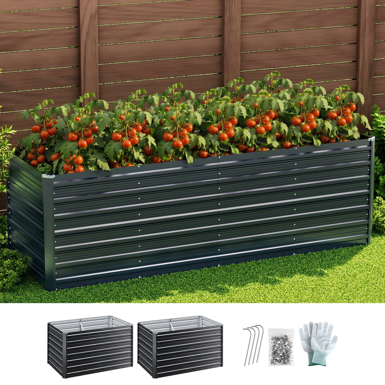 Green Fingers 2-in-1 Raised Garden Bed Kit, 240cm/120cm| 77cm Extra Deep Ergonomic Planter Box | Protect Your Back | Galvanised Steel Vegetable Flower Pot for Outdoor Garden | Includes Gloves &amp; Pegs-Home &amp; Garden > Garden Beds-PEROZ Accessories