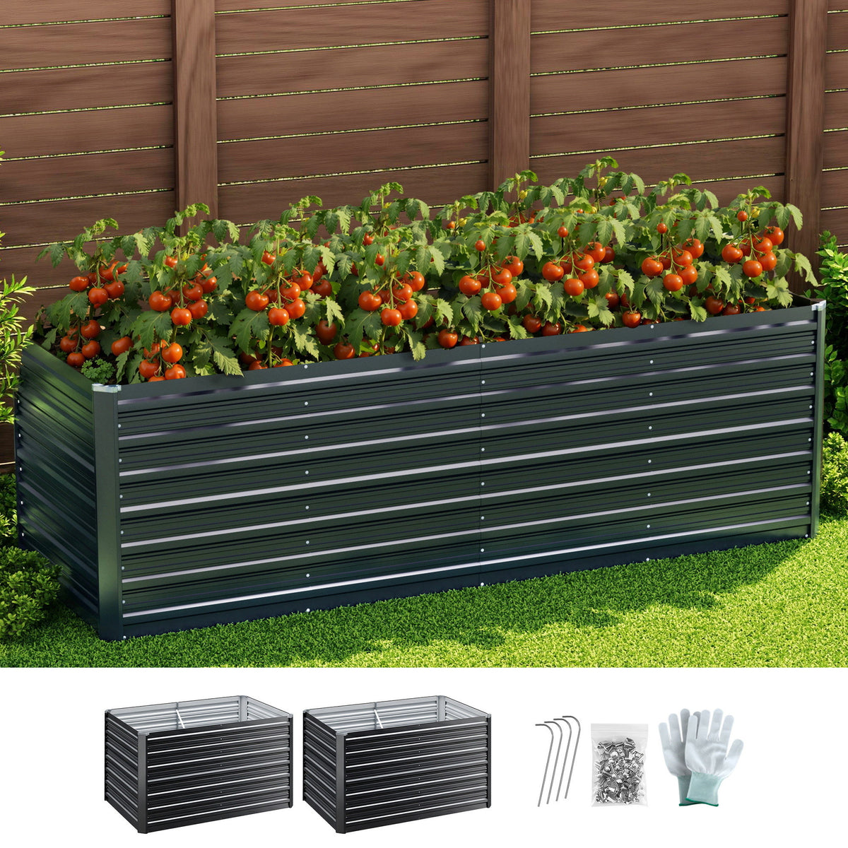 Green Fingers 2-in-1 Raised Garden Bed Kit, 240cm/120cm| 77cm Extra Deep Ergonomic Planter Box | Protect Your Back | Galvanised Steel Vegetable Flower Pot for Outdoor Garden | Includes Gloves &amp; Pegs-Home &amp; Garden > Garden Beds-PEROZ Accessories