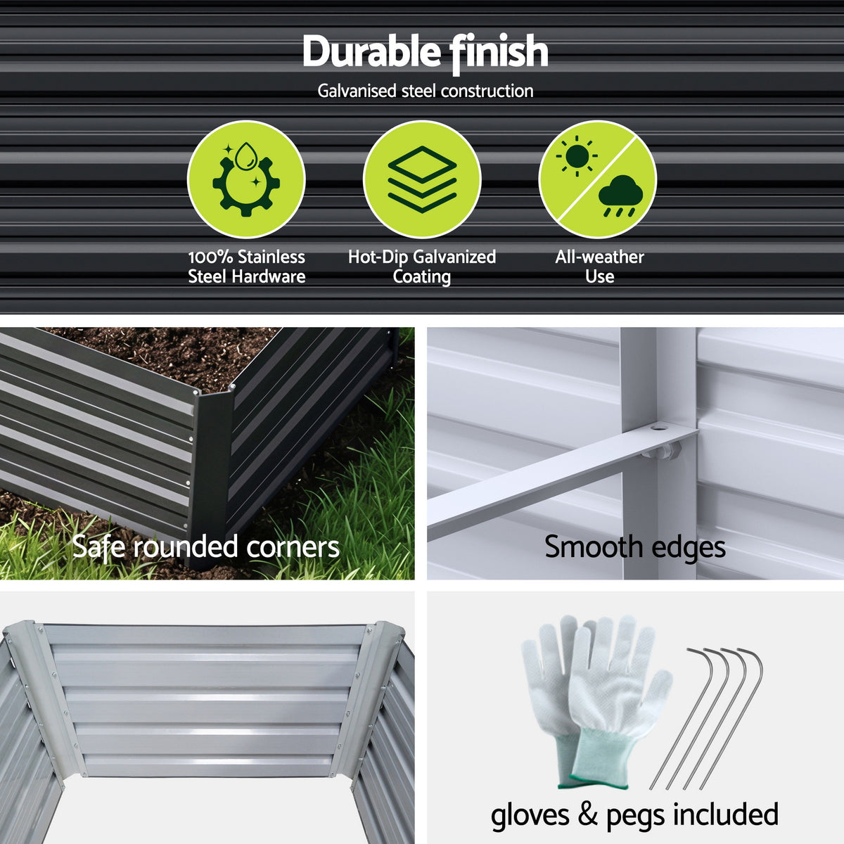 Green Fingers 2-in-1 Raised Garden Bed Kit 45cm Professional Depth Ergonomic 240cm Large Metal Planter Box | Easier Access Veggie Patch | Rust-Proof Galvanised Steel with Safe Rounded Corners &amp; Gloves-Home &amp; Garden > Garden Beds-PEROZ Accessories