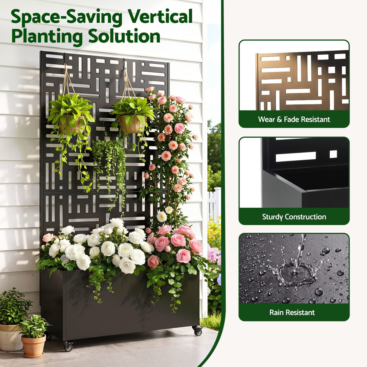Green Fingers Mobile Planter Box Garden Bed with Trellis Privacy Screen &amp; Lockable Wheels for Climbing Plants-Home &amp; Garden > Garden Beds > Garden Beds &amp; Planters-PEROZ Accessories
