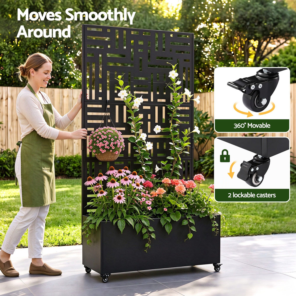 Green Fingers Mobile Planter Box Garden Bed with Trellis Privacy Screen &amp; Lockable Wheels for Climbing Plants-Home &amp; Garden > Garden Beds > Garden Beds &amp; Planters-PEROZ Accessories