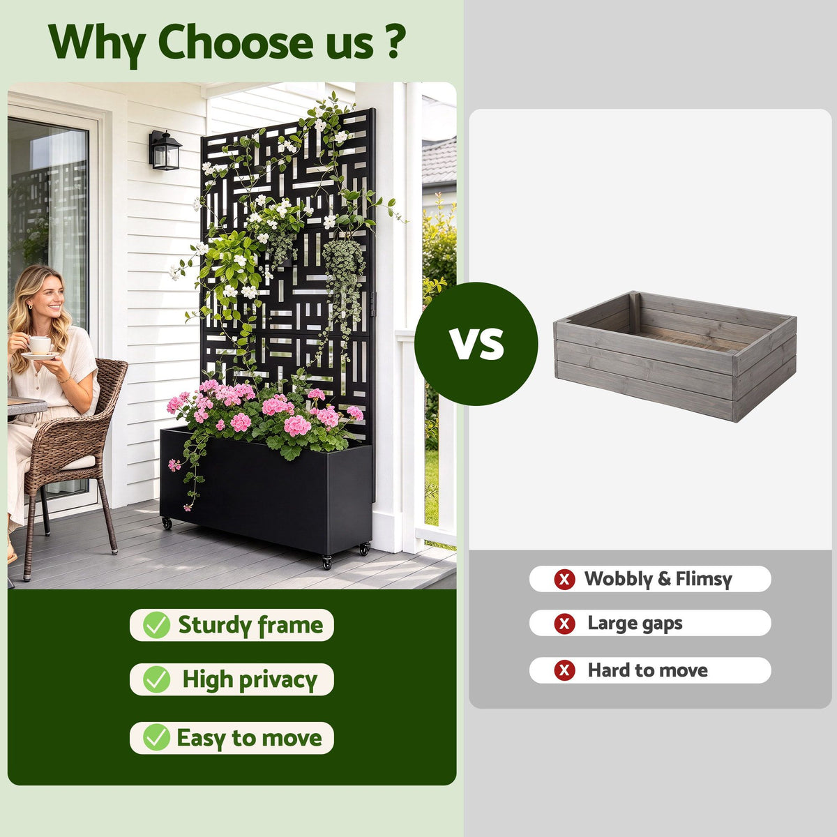 Green Fingers Mobile Planter Box Garden Bed with Trellis Privacy Screen &amp; Lockable Wheels for Climbing Plants-Home &amp; Garden > Garden Beds > Garden Beds &amp; Planters-PEROZ Accessories