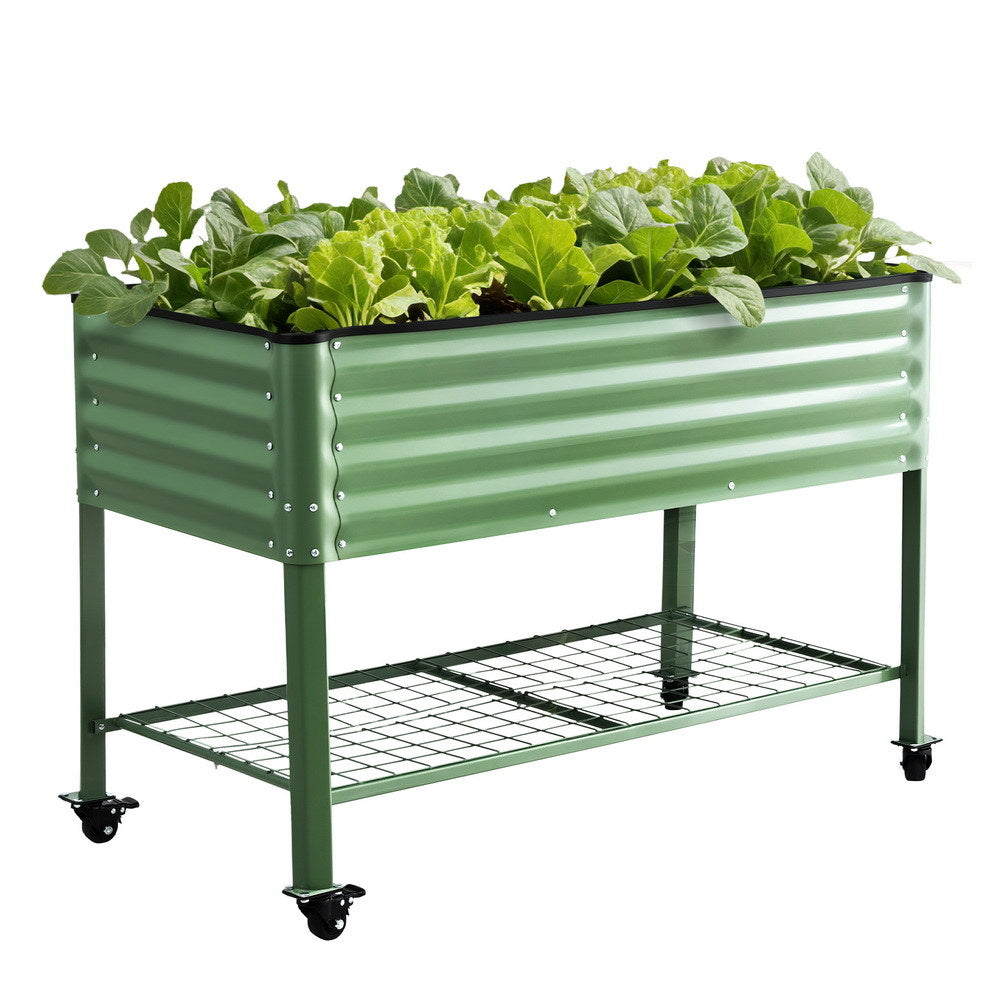 Green Fingers Elevated Raised Garden Bed Kit Mobile w/ Locking Wheels &amp; Storage Shelf 100KG Max Load 115x60x81cm | Galvanized Steel, Portable Green Organizer for Seniors, Patio, Balcony, Vegetables-Home &amp; Garden &gt; Garden Beds &gt; Garden Beds &amp; Planters-PEROZ Accessories
