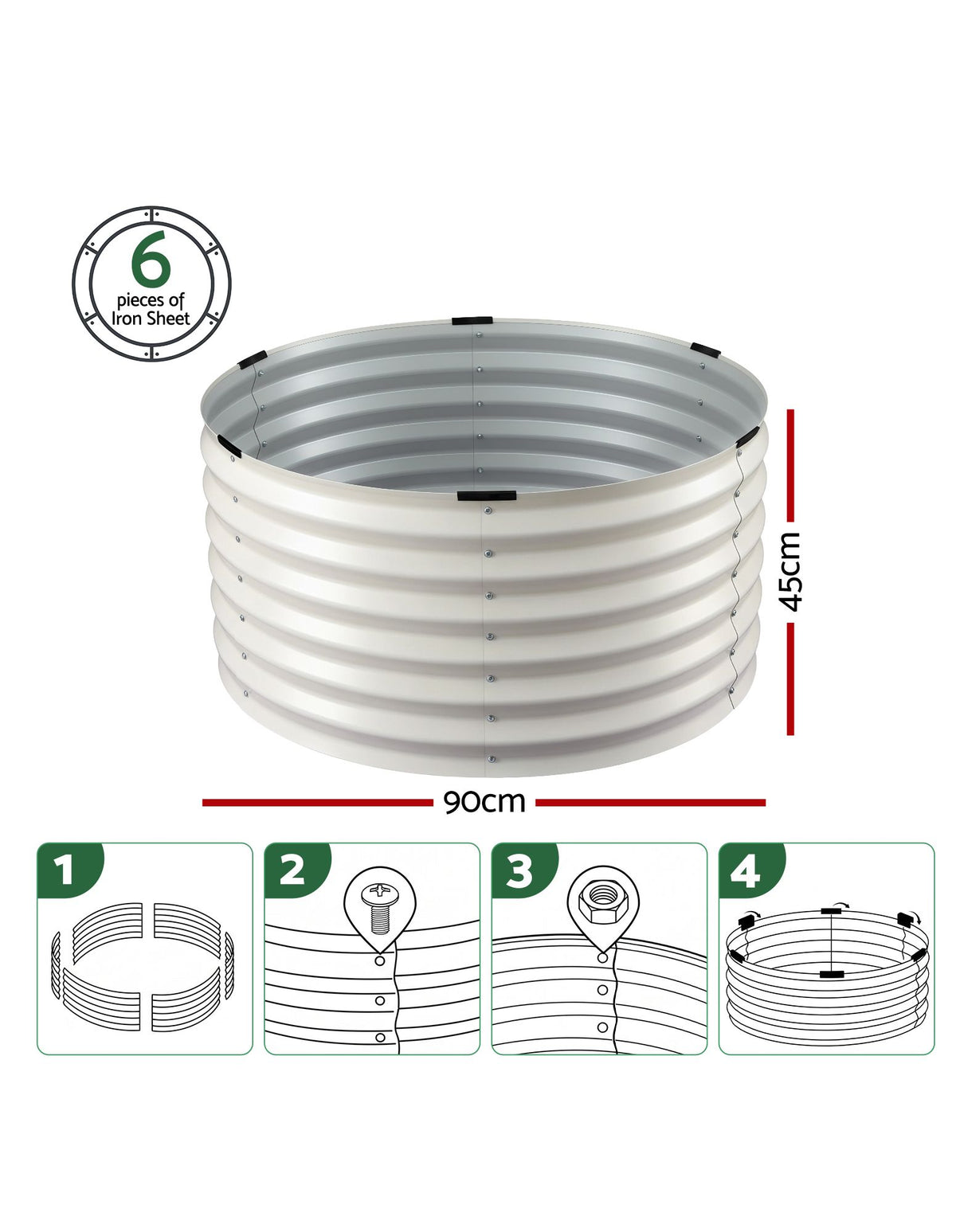 Green Fingers Round Metal Raised Garden Bed 90x45cm Planter Box White-Home &amp; Garden > Garden Beds > Garden Beds &amp; Planters-PEROZ Accessories