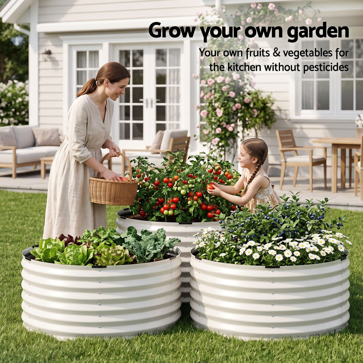 Green Fingers Round Metal Raised Garden Bed 90x45cm Planter Box White-Home &amp; Garden > Garden Beds > Garden Beds &amp; Planters-PEROZ Accessories