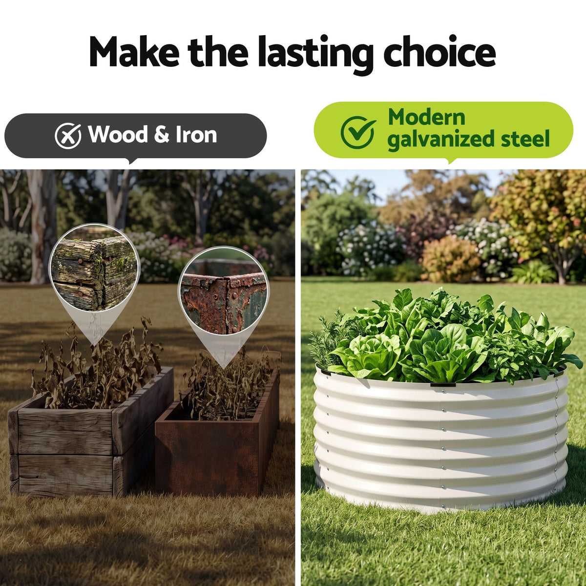 Green Fingers Round Metal Raised Garden Bed 90x45cm Planter Box White-Home &amp; Garden > Garden Beds > Garden Beds &amp; Planters-PEROZ Accessories