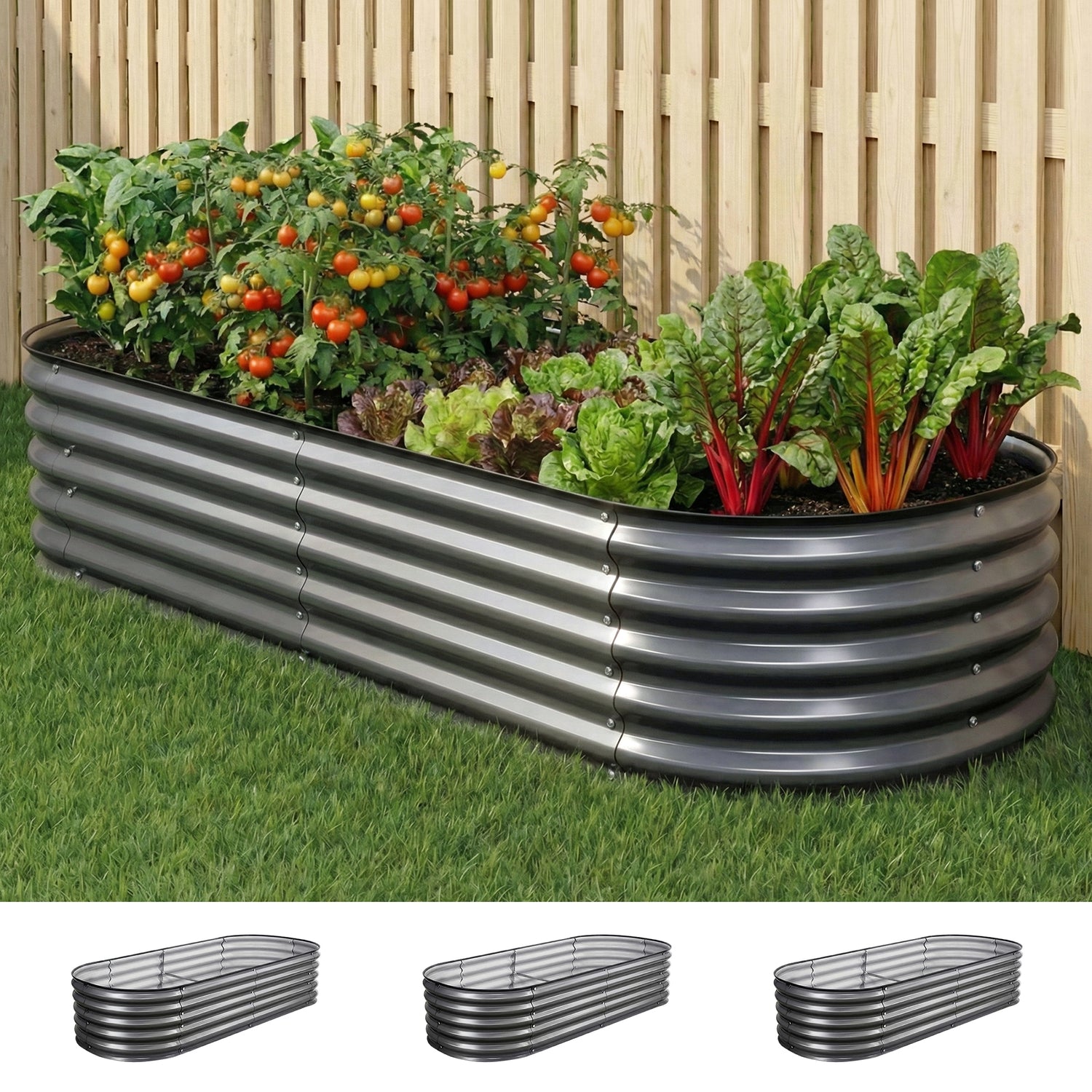 Green Fingers 3 Pcs Raised Garden Bed Kit Oval Galvanized Steel Planter Boxes 160x80x42cm, Heavy Duty Metal Elevated Garden Bed for Vegetables Flowers Herbs, with Safety Edging, Gloves &amp; Pegs Included-Home &amp; Garden > Garden Beds > Garden Beds &amp; Planters-PEROZ Accessories