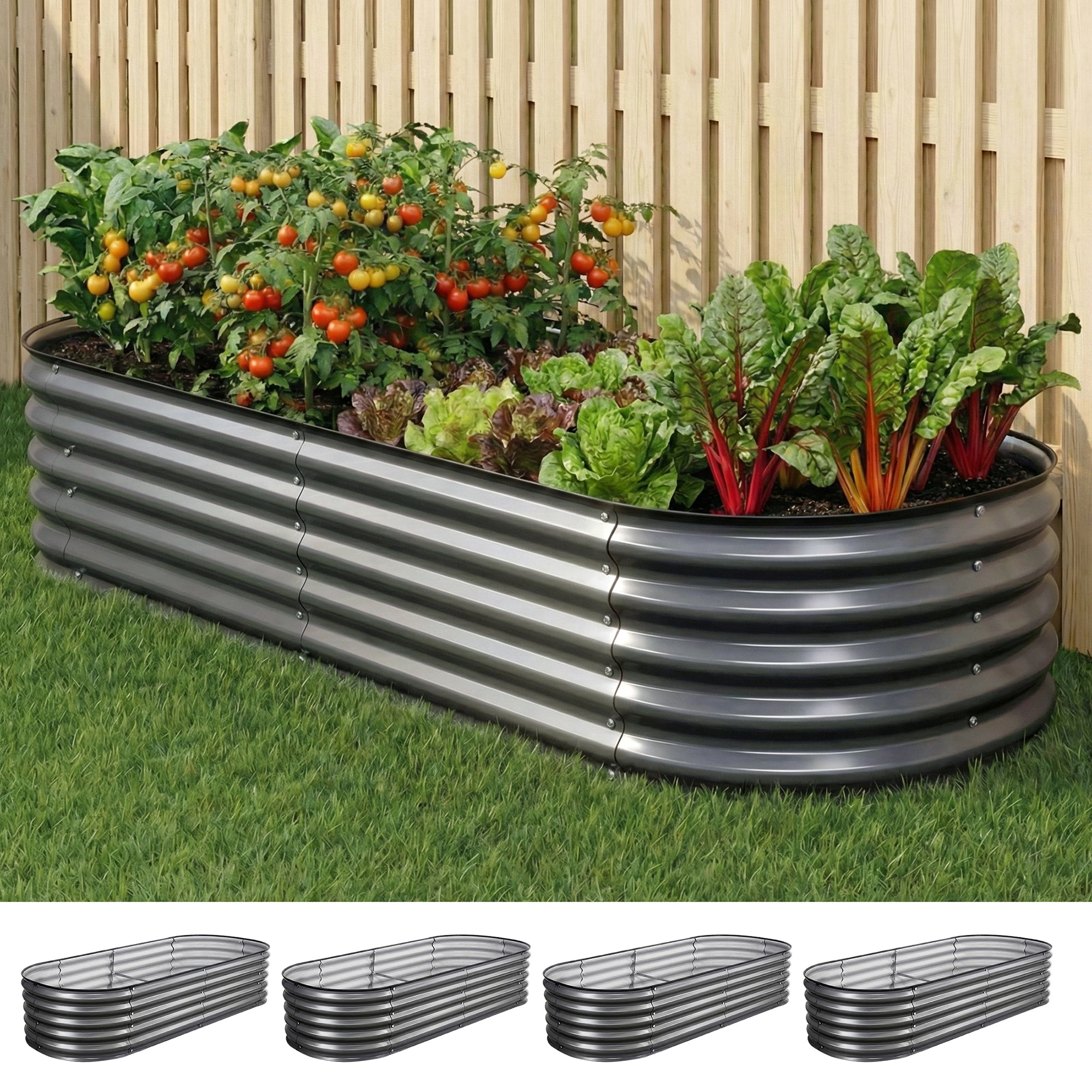 Green Fingers 4 Pcs Raised Garden Bed Kit Oval Galvanized Steel Planter Boxes 160x80x42cm, Heavy Duty Metal Elevated Garden Bed for Vegetables Flowers Herbs, with Safety Edging, Gloves &amp; Pegs Included-Home &amp; Garden > Garden Beds > Garden Beds &amp; Planters-PEROZ Accessories
