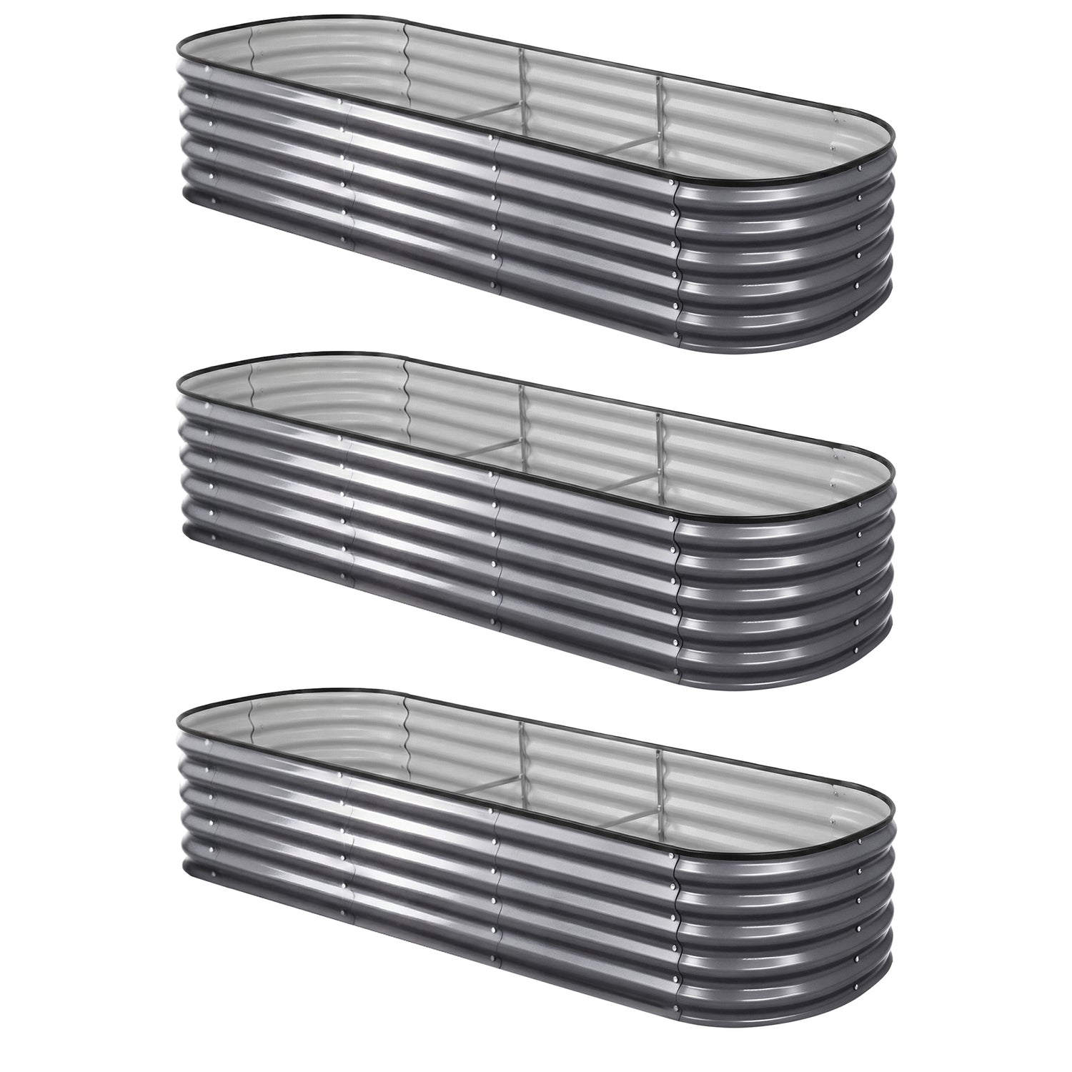 Green Fingers 3 Pcs Raised Garden Bed Kit Oval Galvanized Steel Planter Boxes 240x80x42cm, Heavy Duty Metal Elevated Garden Bed for Vegetables Flowers Herbs, with Safety Edging, Gloves &amp; Pegs Included-Home &amp; Garden > Garden Beds > Garden Beds &amp; Planters-PEROZ Accessories
