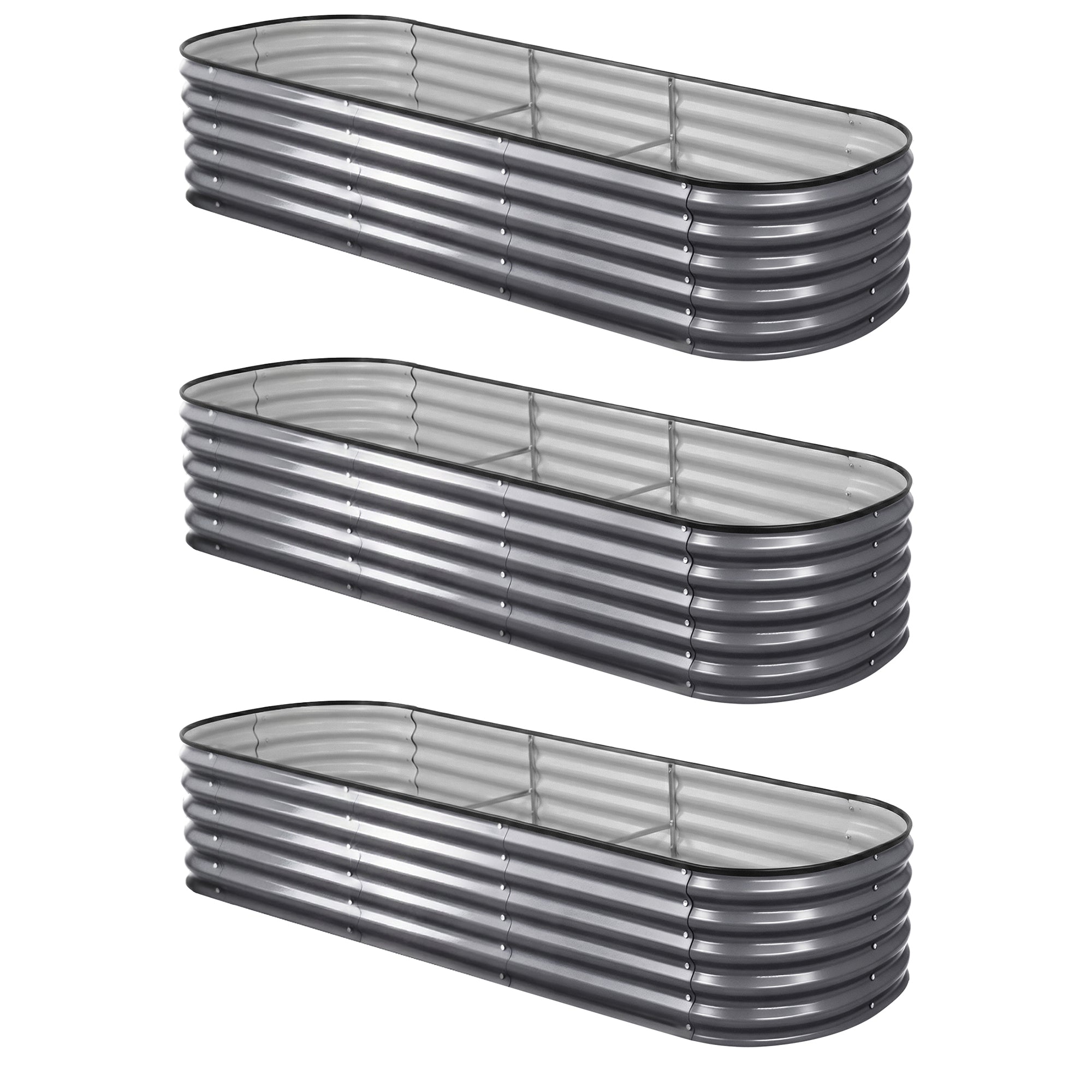Green Fingers 3 Pcs Raised Garden Bed Kit Oval Galvanized Steel Planter Boxes 240x80x42cm, Heavy Duty Metal Elevated Garden Bed for Vegetables Flowers Herbs, with Safety Edging, Gloves &amp; Pegs Included-Home &amp; Garden > Garden Beds > Garden Beds &amp; Planters-PEROZ Accessories