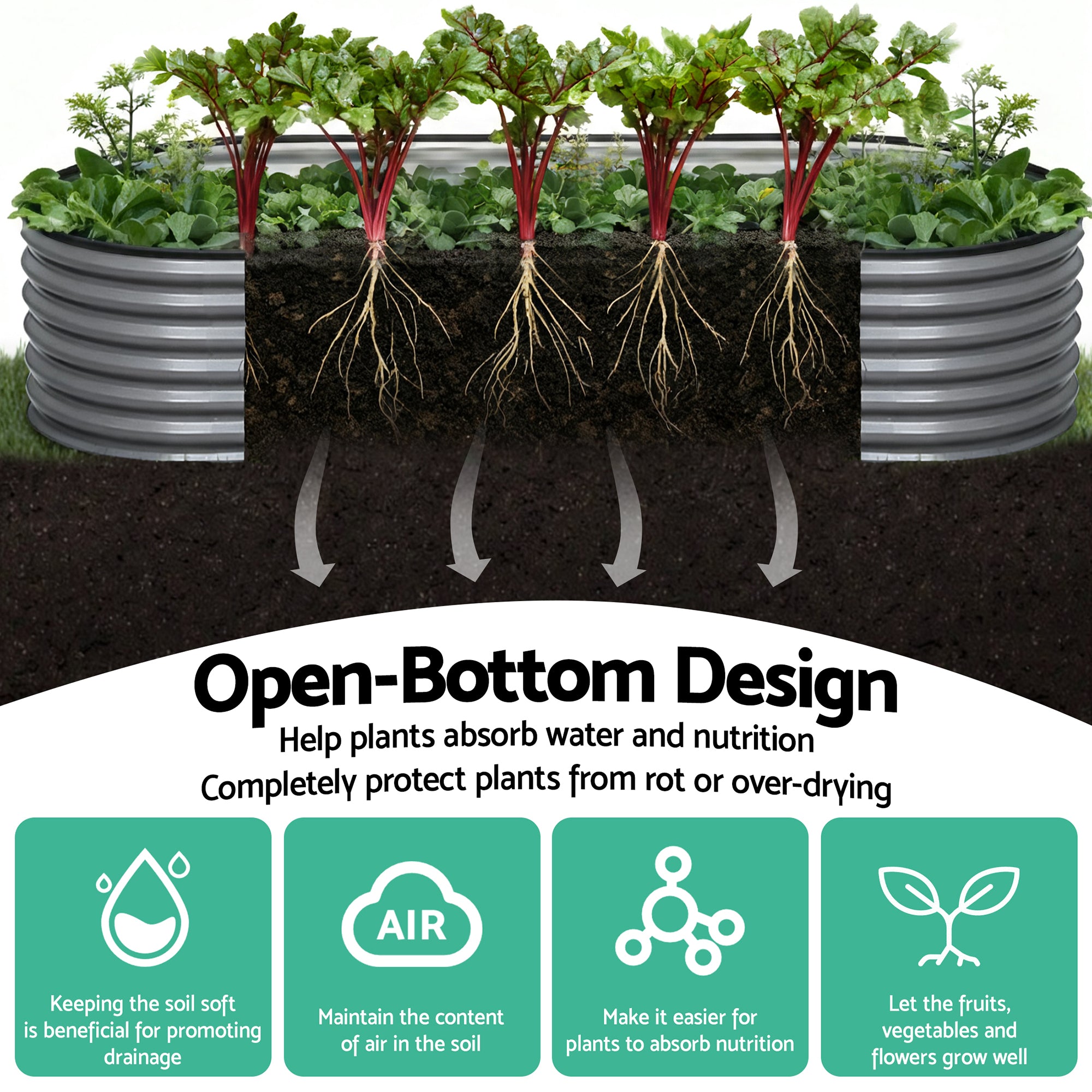Green Fingers 3 Pcs Raised Garden Bed Kit Oval Galvanized Steel Planter Boxes 240x80x42cm, Heavy Duty Metal Elevated Garden Bed for Vegetables Flowers Herbs, with Safety Edging, Gloves &amp; Pegs Included-Home &amp; Garden > Garden Beds > Garden Beds &amp; Planters-PEROZ Accessories