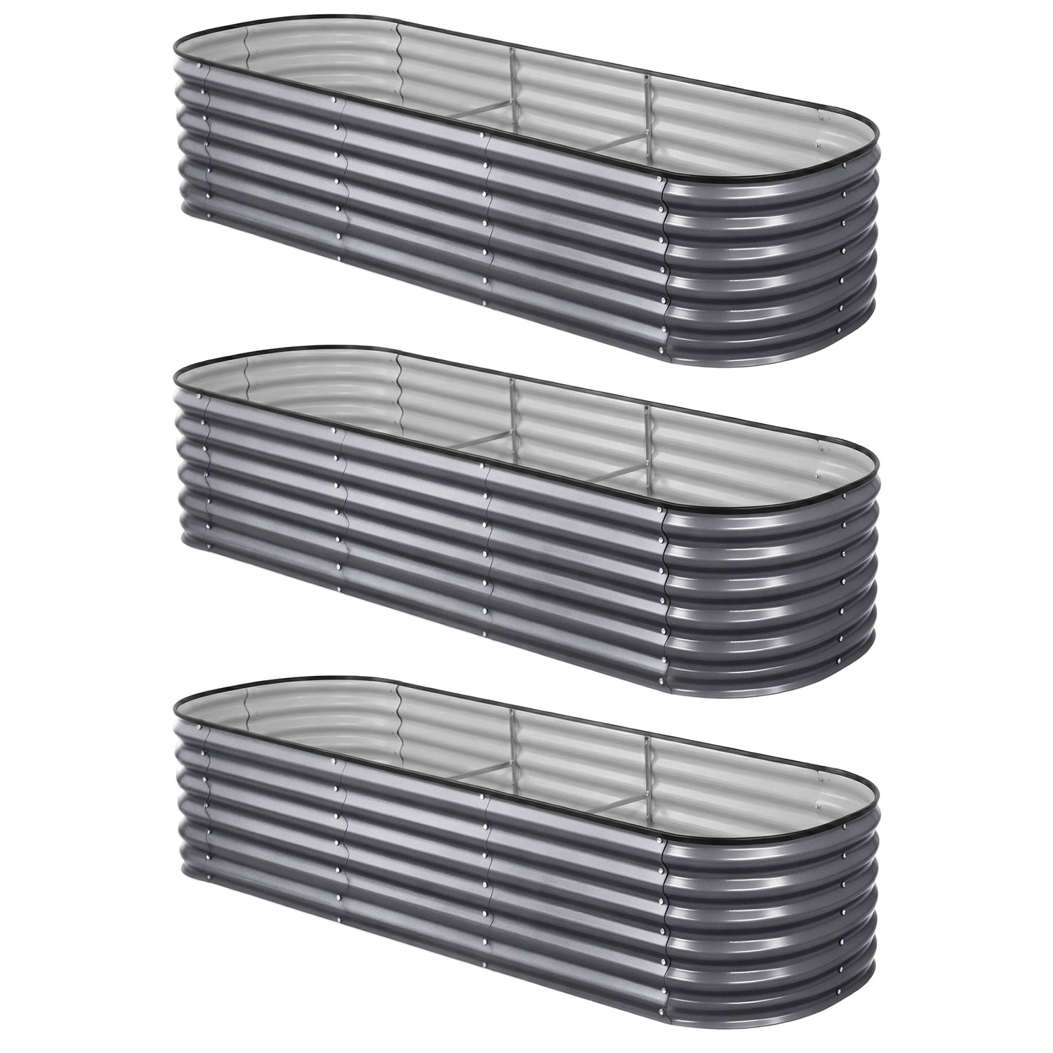Green Fingers 3 Pcs Raised Garden Bed Kit Oval Galvanized Steel Planter Boxes 240x80x56cm, Heavy Duty Metal Elevated Garden Bed for Vegetables Flowers Herbs, with Safety Edging, Gloves &amp; Pegs Included-Home &amp; Garden > Garden Beds > Garden Beds &amp; Planters-PEROZ Accessories