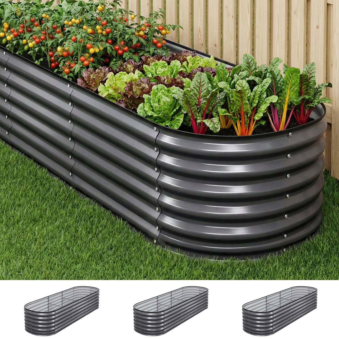 Green Fingers 3 Pcs Raised Garden Bed Kit Oval Galvanized Steel Planter Boxes 240x80x56cm, Heavy Duty Metal Elevated Garden Bed for Vegetables Flowers Herbs, with Safety Edging, Gloves &amp; Pegs Included-Home &amp; Garden > Garden Beds > Garden Beds &amp; Planters-PEROZ Accessories