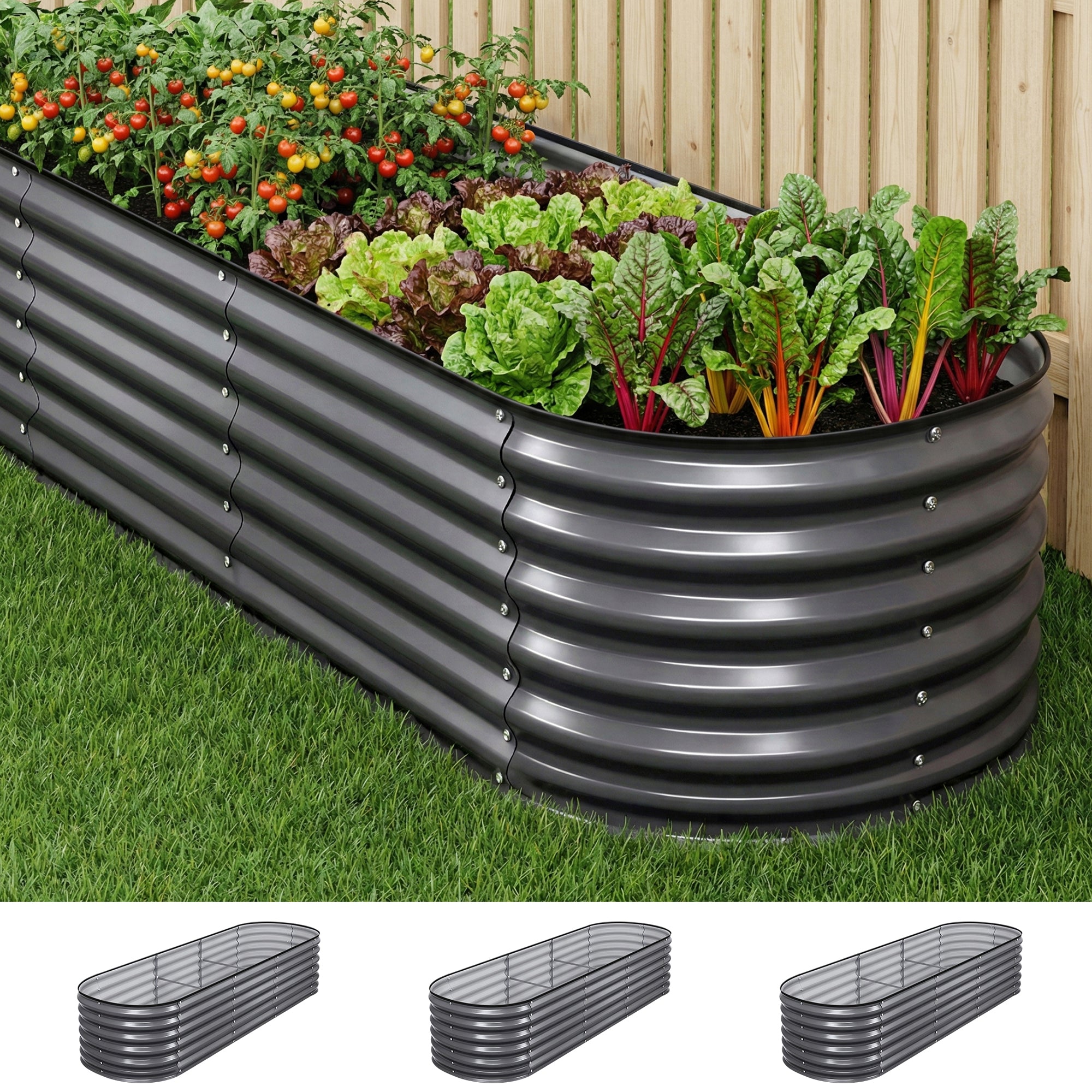 Green Fingers 3 Pcs Raised Garden Bed Kit Oval Galvanized Steel Planter Boxes 240x80x56cm, Heavy Duty Metal Elevated Garden Bed for Vegetables Flowers Herbs, with Safety Edging, Gloves &amp; Pegs Included-Home &amp; Garden > Garden Beds > Garden Beds &amp; Planters-PEROZ Accessories