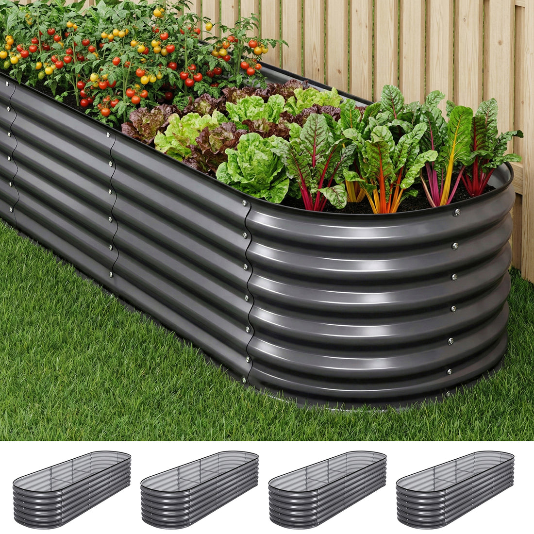 Green Fingers 4 Pcs Raised Garden Bed Kit Oval Galvanized Steel Planter Boxes 240x80x56cm, Heavy Duty Metal Elevated Garden Bed for Vegetables Flowers Herbs, with Safety Edging, Gloves &amp; Pegs Included-Home &amp; Garden > Garden Beds > Garden Beds &amp; Planters-PEROZ Accessories
